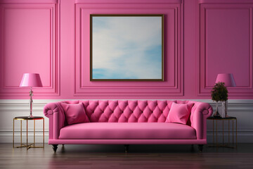 Visualize a vibrant ambiance boasting a pink sofa and a compatible table, all against an empty blank frame, ready for your text to take center stage.