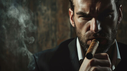 A dark brooding business man looks at the camera with an intimidating expression and holding a big cigar. Horizontal with copy space. Generative AI