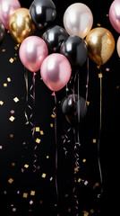 Pink, black and golden balloons with sparkles high detailed black background. Birthday celebrate wallpaper 