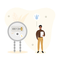 Sustainability illustration. Сharacters control electricity, water and heating meters. Сharacters record and calculate utility bills. Home energy efficiency audit concept. Vector illustration.