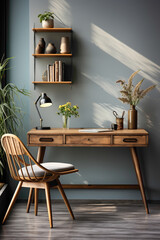 Design your ideal work nook with a touch of Scandinavian charm. Envision a wooden writing desk and chair against a soft grey wall, creating a cozy and inviting atmosphere in your modern home office.