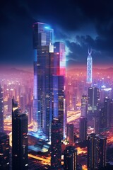 Fototapeta premium A futuristic city with skyscrapers and neon lights at night