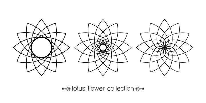 Lotus flower set collection, floral mandala, stylized circular ornament, line art floral logo tattoo. Flower blossom symbols of yoga, spa, beauty salon, cosmetics, relax, brand style. Vector isolated