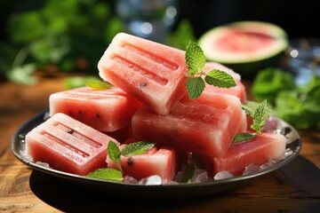 Summer treat! Homemade watermelon popsicles on a plate. 
