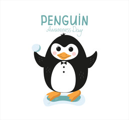 Cute little penguin. Vector flat cartoon illustration isolated on white. Penguin awareness day. World Penguin Day, Inscription, signed picture. Character, Antarctic animal, Polar bird.