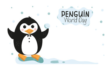 Cute little penguin. Vector flat cartoon illustration isolated on white. Banner, postcard. World Penguin Day, Inscription, signed picture. Character, Antarctic animal, Polar.