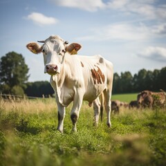 Fototapeta na wymiar Holstein cow standing in a lush green pasture on a sunny day