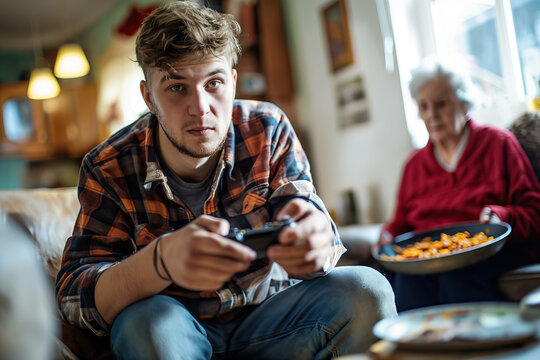 NEET young man not studying and unemployed playing video games, grandmother blurred in background with food