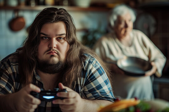 NEET young man with beard not studying and unemployed playing video games with joystick, grandmother blurred in background with food and copy space