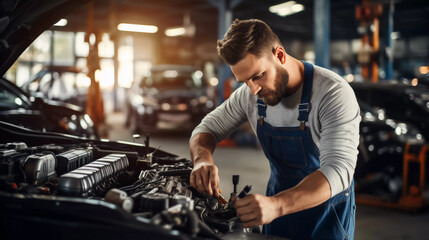 Car auto service. Wheels, oil, motor check up before holidays. Security at the road. Inspecting vehicle