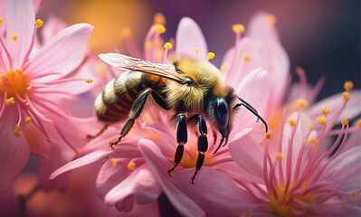 one bee on pink flowers with large stamens collects pollen. close-up