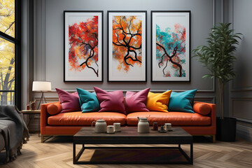 A modern living room with bright colors, featuring dark-colored sofas and a blank empty white frame on the wall, creating a chic and sophisticated atmosphere.