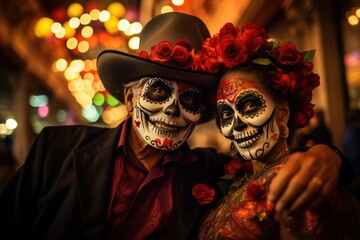 People take part in the celebration of the Dia de los Muertos. Day of the dead parade. The Day of...