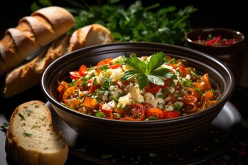 Fresh vegetables, bread slices, red lentils, and pepper pastas in a brown bowl. 