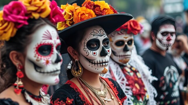 Unidentified participants on a carnival of the Day of the Dead. The Day of the Dead. Dia de los Muertos. Mexican Holiday. People take part in the celebration of the Dia de los Muertos. 