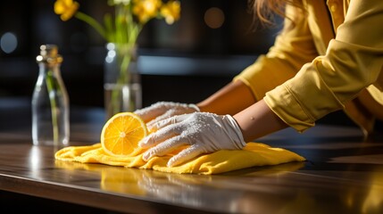 gloved hands wiping a table with a lemon and cloth - obrazy, fototapety, plakaty