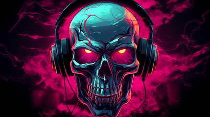 Skull with Headphones with red eyes in headphones listening to music with neon colors. Halloween party flyer 