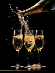 Sparkling champagne pouring with golden splashes from bottle to flute glasses on black background 