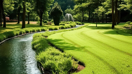Fototapeta premium Summer serenity with a lawn in front of a country house and a pond. A tranquil stock photo capturing the idyllic beauty of rural landscapes in summertime