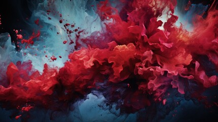 A bold and visually striking background of red and blue ink clouds swirling together in water, creating an intense and dramatic effect. - obrazy, fototapety, plakaty