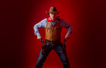 Western man with hat. Portrait of farmer or cowboy in hat. American farmer. Portrait of man wearing...