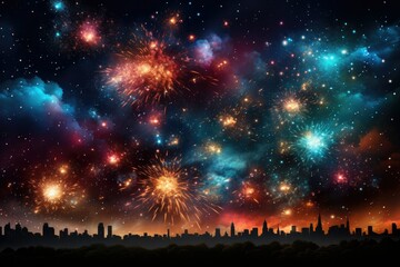 Fototapeta na wymiar Dazzling holiday fireworks! Sparks, colored stars, and bright nebula light 
