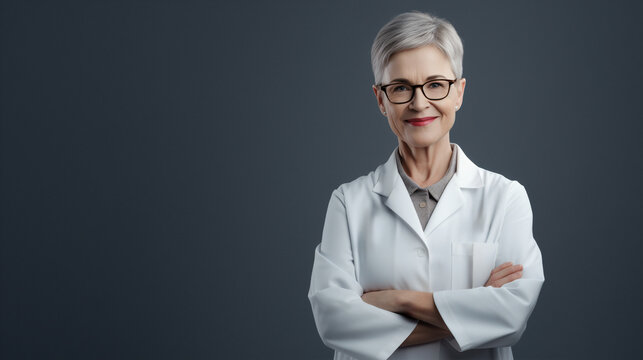 A mature female doctor with stylish glasses stands with her arms crossed, her friendly demeanor and professional appearance promoting confidence and reliability in healthcare