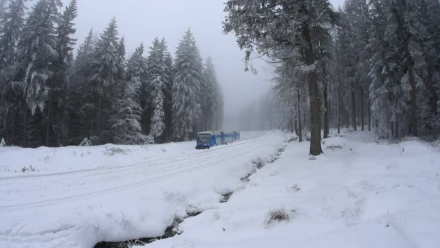 Train in winter, sudety mountains, szklarska poręba