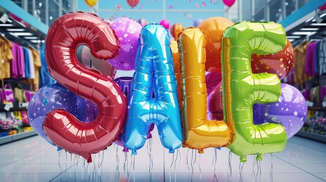 eye-catching 3D illustration featuring a vibrant explosion of balloons spelling 'SALE'-the perfect image to symbolize irresistible discounts and draw customers to your online store