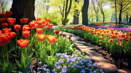 Fotobehang City park pedestrian area beside blooming tulips in spring. A vibrant stock photo capturing the charm and beauty of urban green spaces in full bloom. © Людмила Мазур