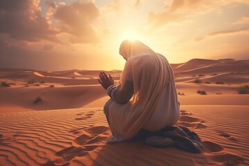 religious muslim man praying sitting in the desert sand