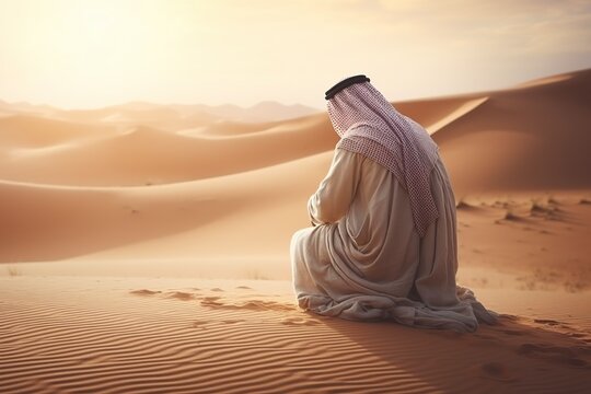 religious muslim man praying sitting in the desert sand
