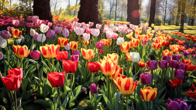City park pedestrian area beside blooming tulips in spring. A vibrant stock photo capturing the charm and beauty of urban green spaces in full bloom.