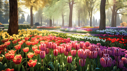City park pedestrian area beside blooming tulips in spring. A vibrant stock photo capturing the charm and beauty of urban green spaces in full bloom.