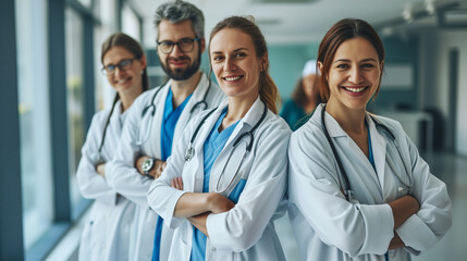 A group of medical professionals standing indoors. The equal focus on each individual signifies the importance of every team member in providing comprehensive healthcare.