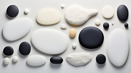 A backdrop of rounded stones. Top view. Abstract composition of cobblestones. Stones of different sizes on a flat base. - obrazy, fototapety, plakaty