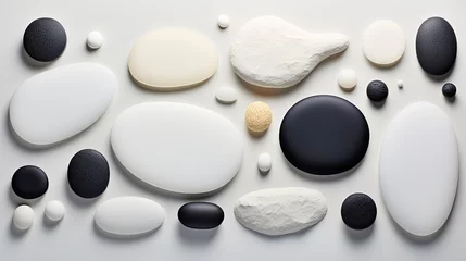 Foto op Plexiglas A backdrop of rounded stones. Top view. Abstract composition of cobblestones. Stones of different sizes on a flat base. © Login