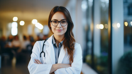 A confident female medical practitioner stands with folded arms, emits intelligence and professionalism. The image on neutral backdrop that is versatile for various medical and healthcare themes.