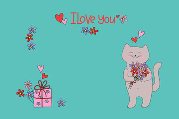 Cartoon cat with a gift and a bouquet of flowers and hearts. Valentine card, postcard. I love you, inscription. Cute kitten and gift box. Gift in festive packaging. Valentine's Day, wedding, birthday.