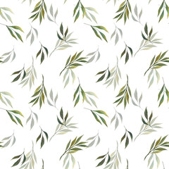 Obraz premium Seamless watercolor pattern with green leaves. Summer background with branches and leaves. Watercolor floral illustration on a white background