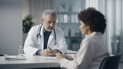 A focused male doctor with a stethoscope is attentively listening to a female patient during a consultation in a brightly lit, modern office, depicting a professional medical care environment
