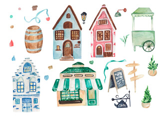Watercolor city illustration. cOLORFUL HOUSES. cUTE BUILDINGS. cITY SPACE. Houses isolated on white background