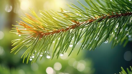 Close-up of a spruce branch with drops after rain. Natural background. The concept of awakening and purity of nature. Illustration for cover, postcard, postcard, banner, poster, brochure, presentation