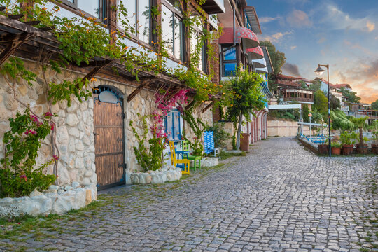 Outdoor cafes and restaurants on the Black sea coast in old town of Nessebar. Sea resort in Bulgaria