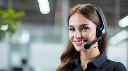 Portrait of Cheerful Young Woman Call Center Operator - Headphones and Microphone - Call Center Operator