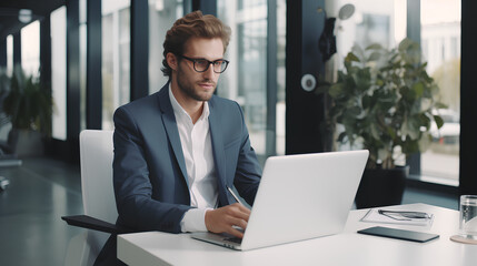 Fototapeta premium Young Male Businessman Conducting Online Business Training and Conference in Office