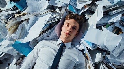 Tired office worker sleeps at the workplace on a pile of documents. The concept of workaholism and overtime that leads to exhaustion. Illustration for banner, poster, cover, brochure or presentation. - obrazy, fototapety, plakaty