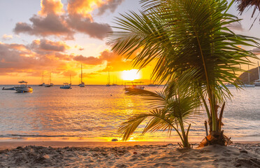 Coucher de soleil à La Grande Anse d'Arlet à La Martinique, mer des Caraïbes, Antilles Françaises.	