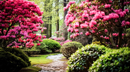 Botanical beauty with vibrant flowers and a stone path in a serene garden. A captivating stock photo capturing the allure of colorful blooms and tranquil landscapes