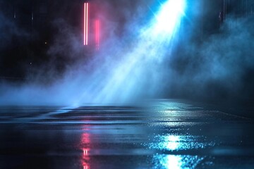Wet asphalt reflects city lights and a searchlight, creating a cinematic scene on a dark, smog-filled street. An abstract, mysterious atmosphere unfolds, evoking the solitude of urban nights